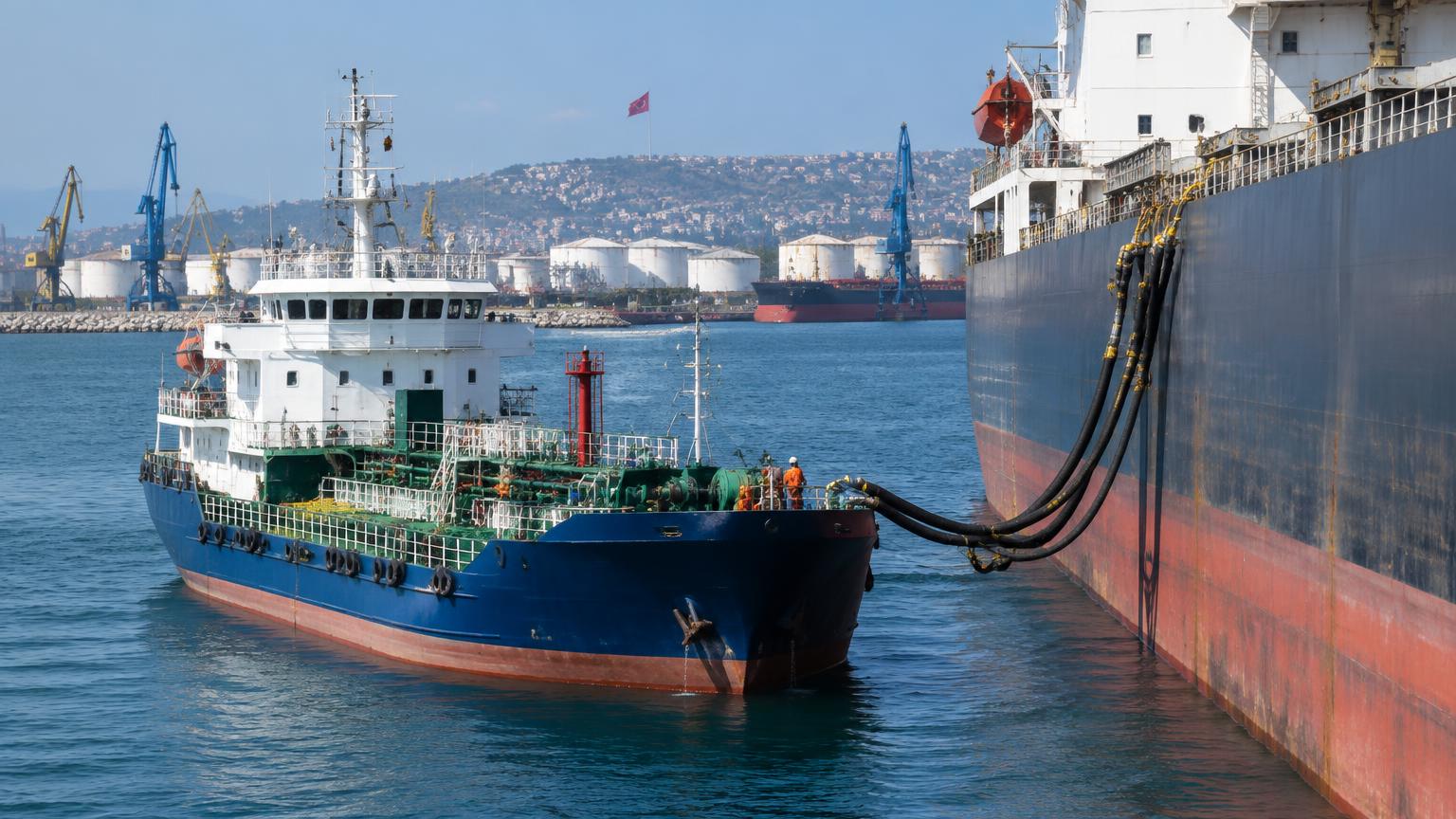 AI-generated illustration of a bunker fuel vessel transferring fuel to a merchant ship in a Turkish harbour