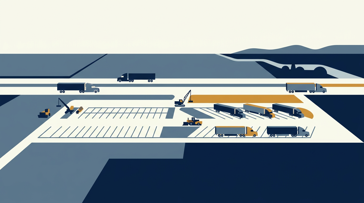 Trucks parked at a rest stop along a highway, symbolizing freight and logistics.