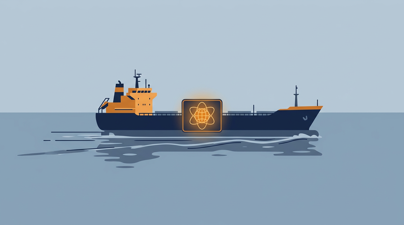 A large cargo ship or tanker sailing on the open sea, representing maritime transportation.