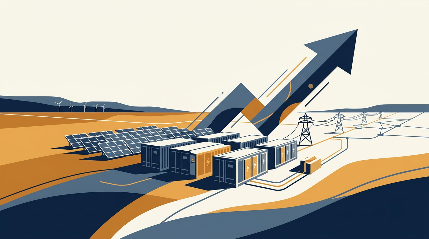 A large-scale battery storage facility with rows of battery units and associated infrastructure.