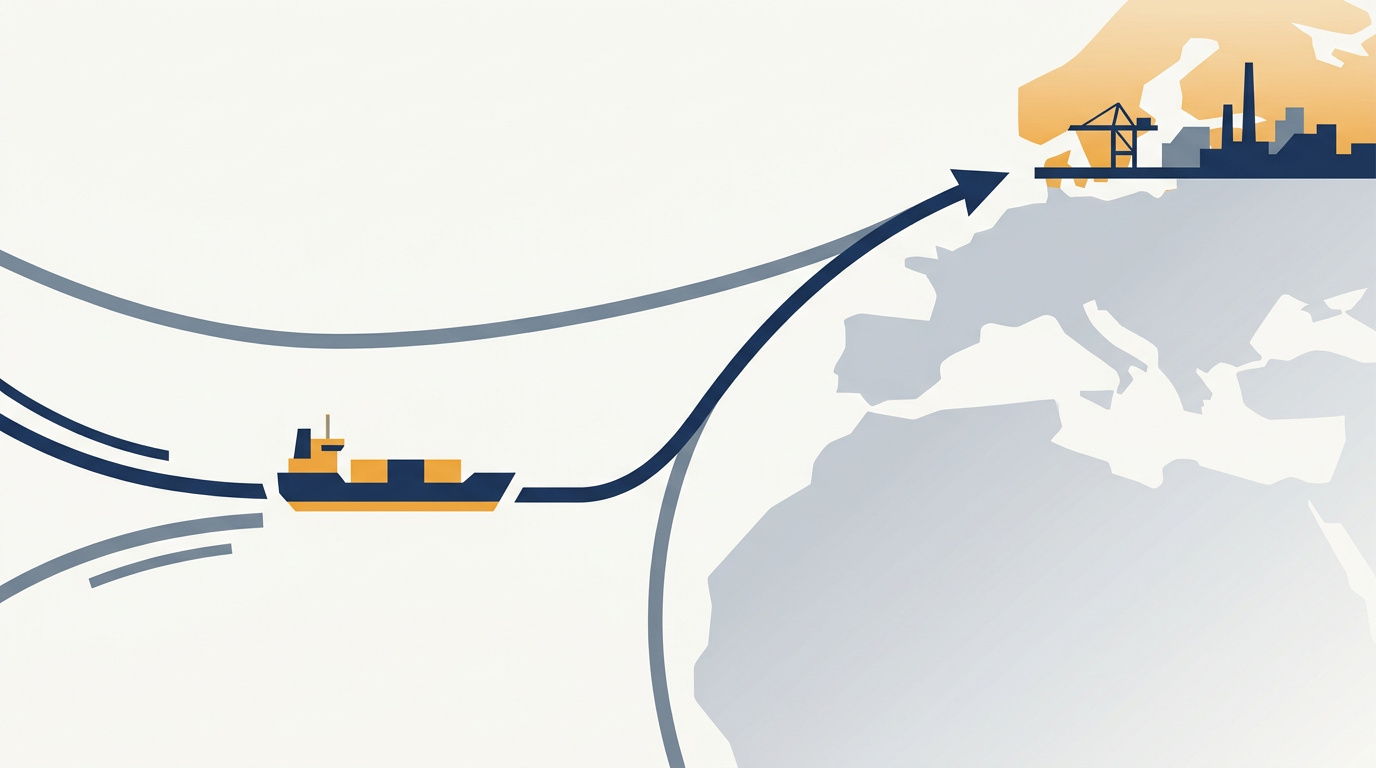 A container ship navigating through a port, with containers stacked on the deck.