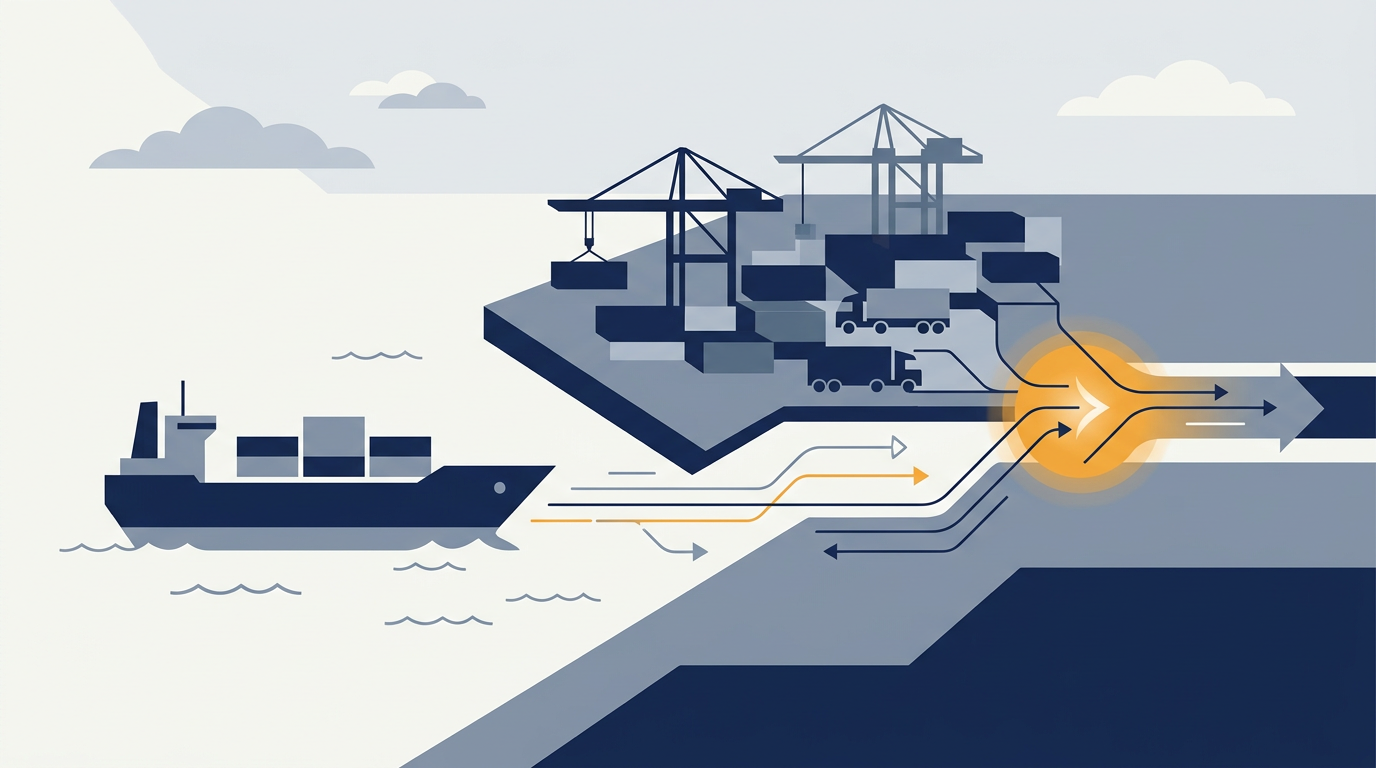 A large container ship being loaded or unloaded at a busy port terminal, symbolizing global logistics and freight operations.