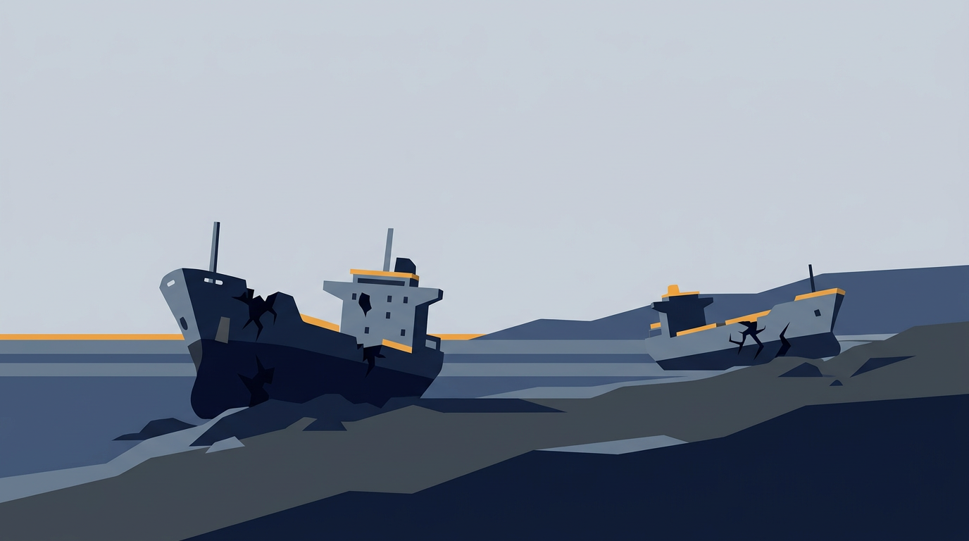 A large merchant ship, possibly a tanker or bulk carrier, grounded on a coastline.