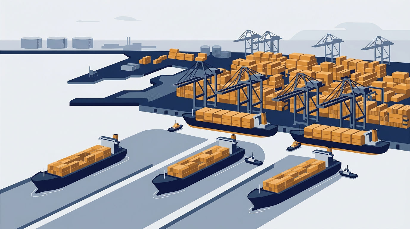 Container ships at a congested port terminal