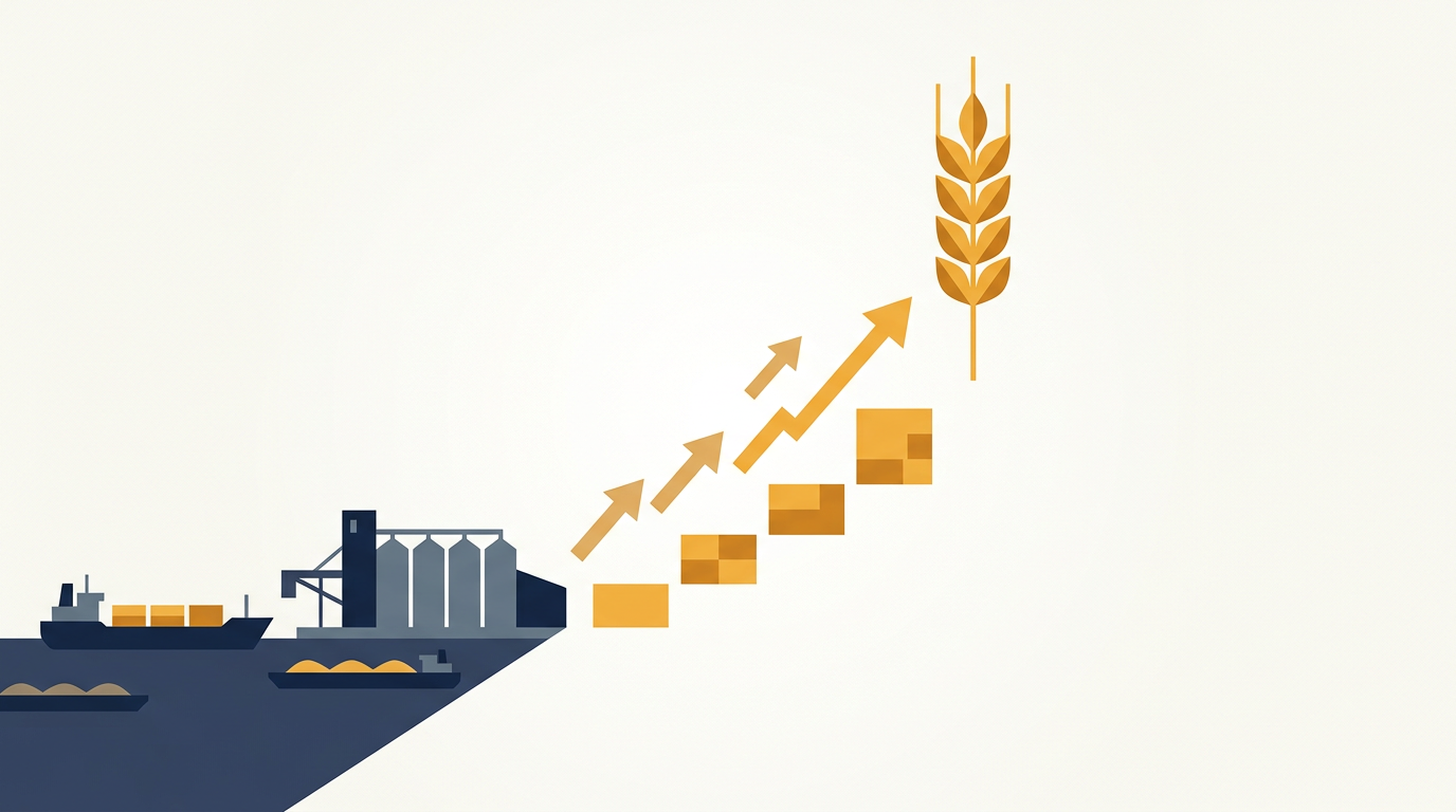 A field of golden wheat under a blue sky, symbolizing agricultural commodities.