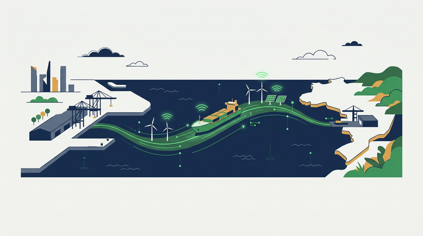 A large container ship navigating through a port, with digital overlays suggesting green technology and data integration.