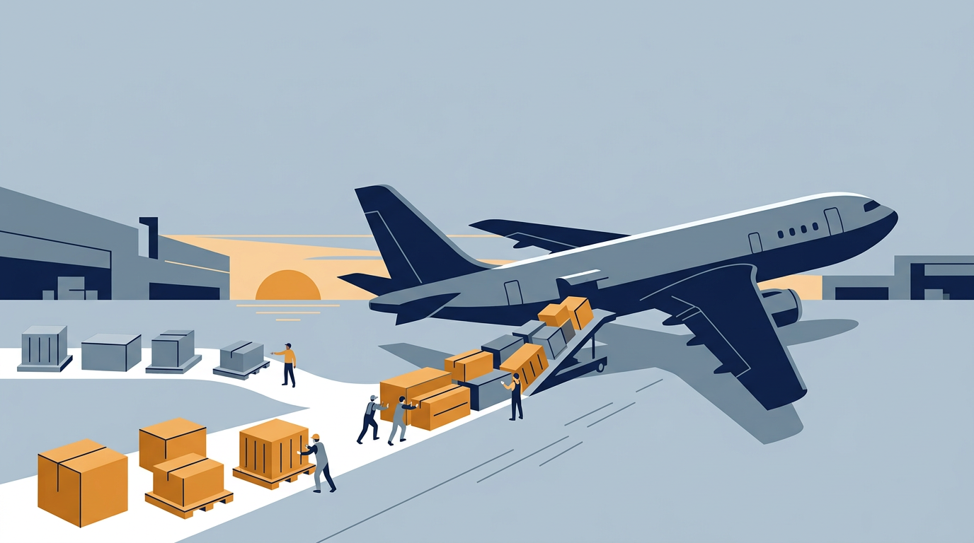 An airplane on a runway, representing air freight and logistics.