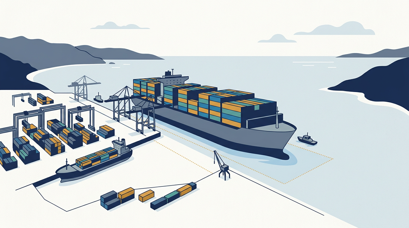 Large container ship being loaded at a port terminal with cranes