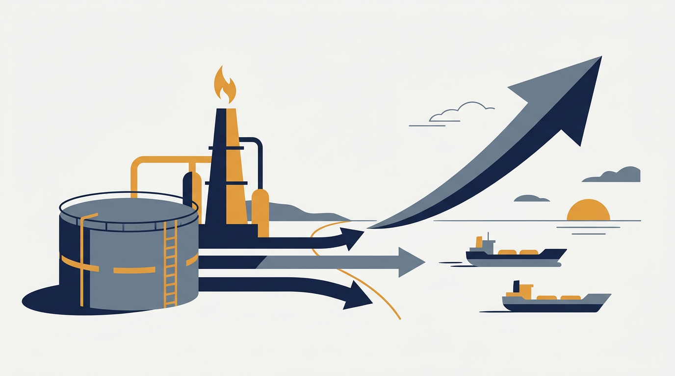 A large refinery complex with multiple towers and pipelines under a clear sky, symbolizing petroleum production and exports.