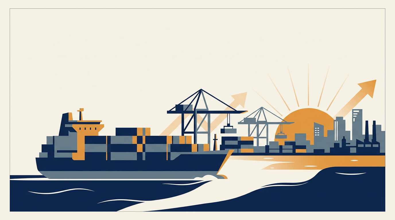 Container ships being loaded and unloaded at a busy port terminal.