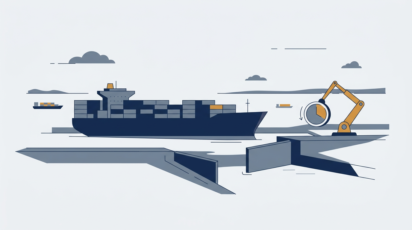 A container ship transiting through the Panama Canal, illustrating maritime logistics and canal restrictions.