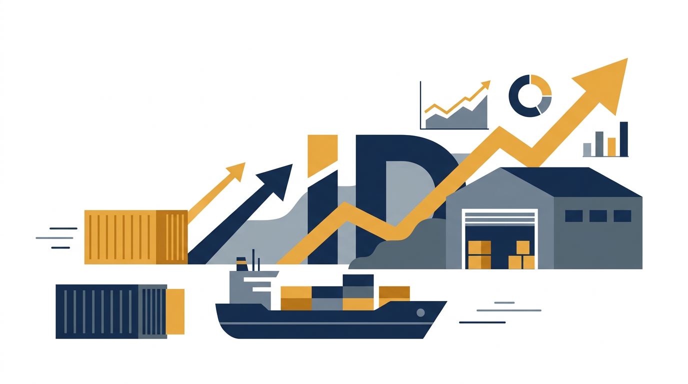 A large logistics warehouse with trucks and containers, symbolizing efficient supply chain operations.