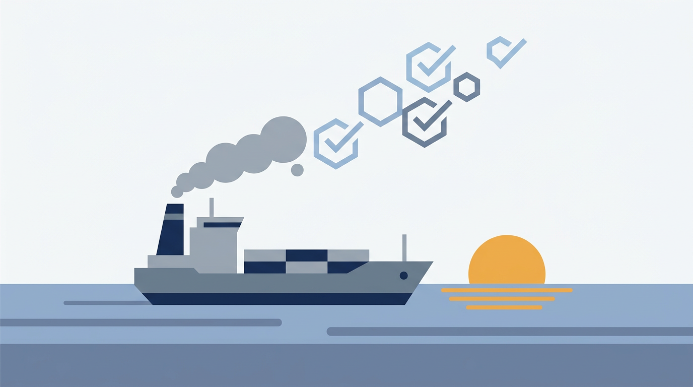 A large container ship sailing on the open sea, symbolizing maritime logistics and emissions reduction efforts.