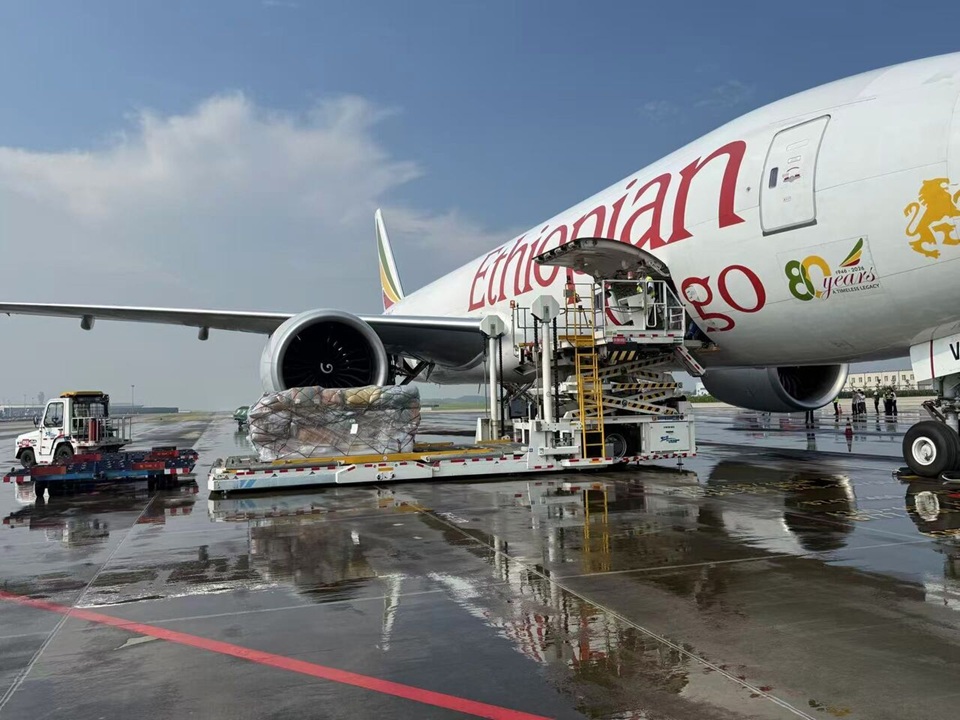 Cargo plane being loaded at an airport terminal