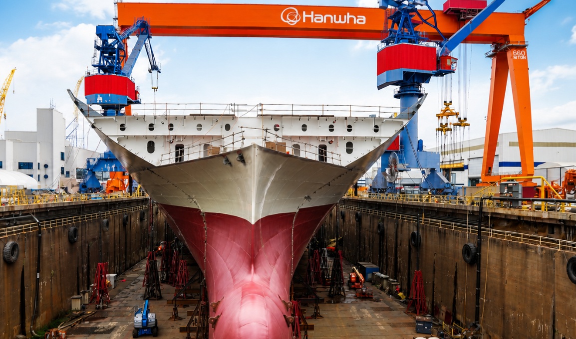 A large cargo ship being constructed in a shipyard, with cranes and workers visible.