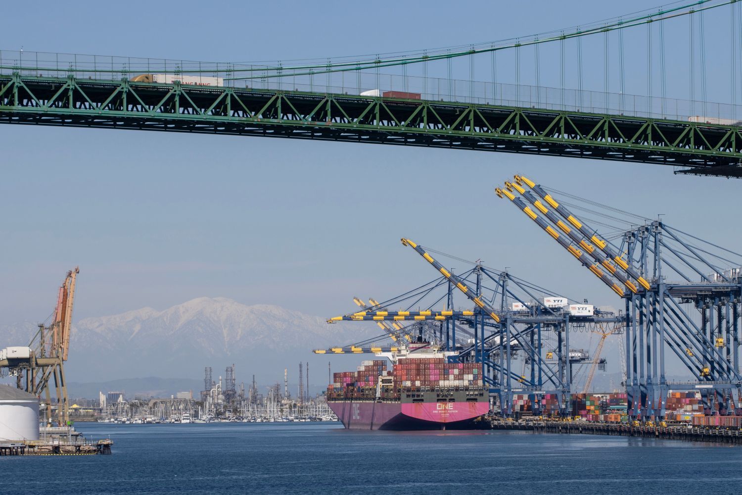 Container terminal at a port with cranes and ships