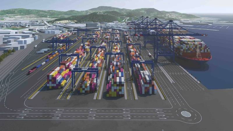 Container cranes at a port terminal, with a ship in the background.