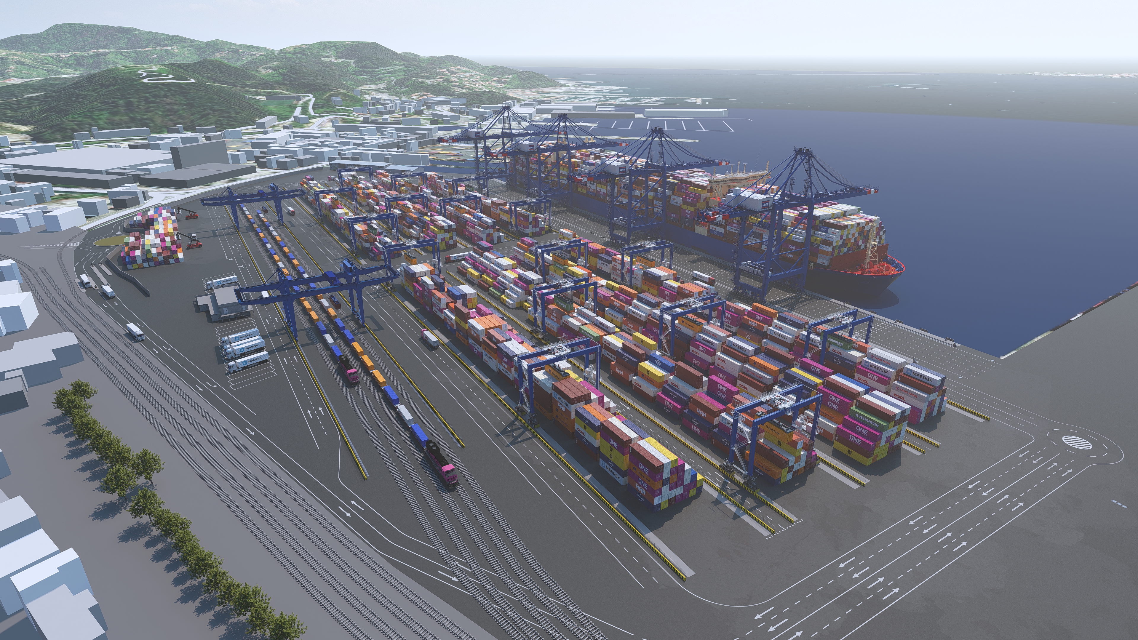 Container cranes at a port terminal, loading or unloading a ship