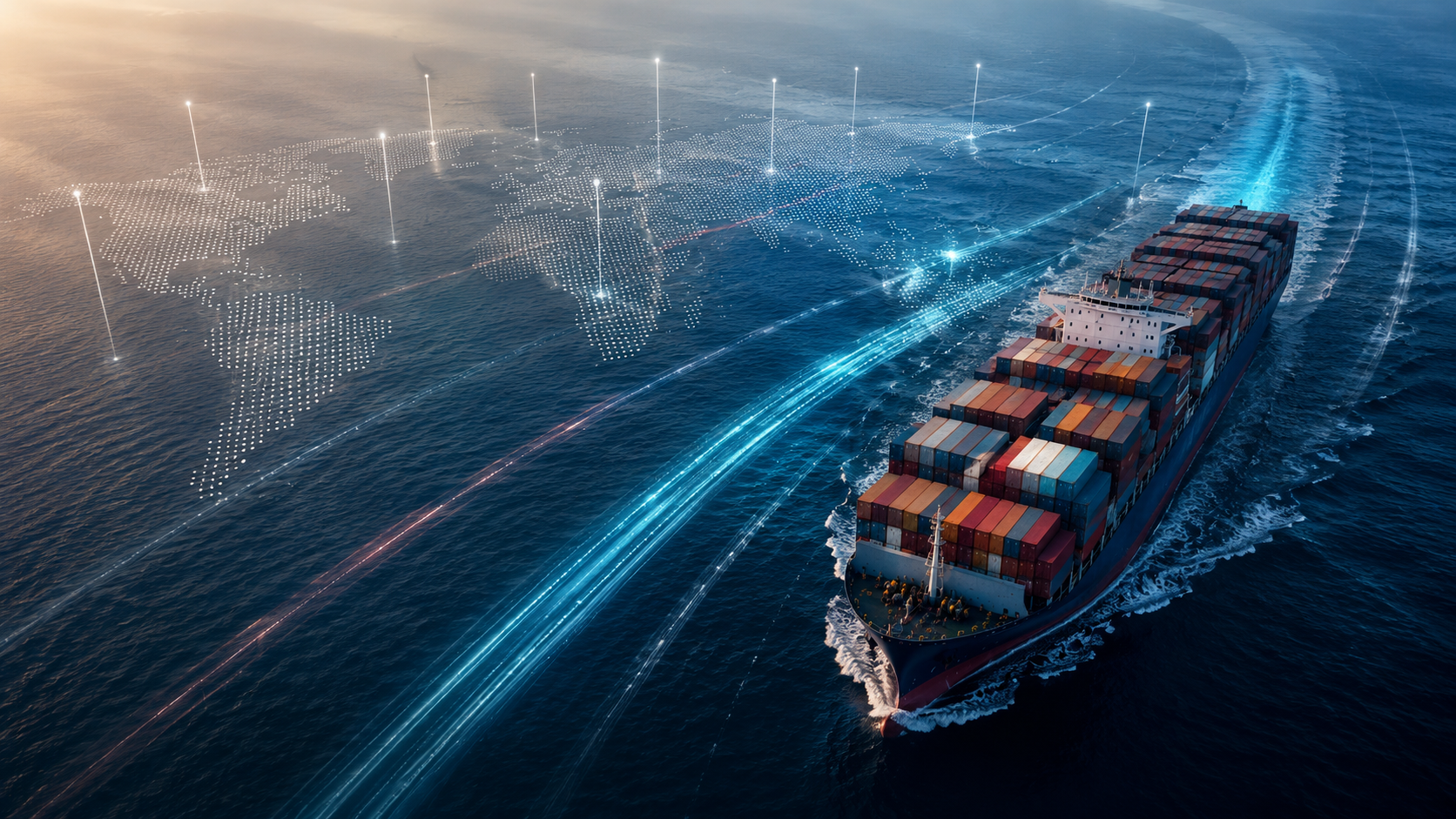 Large containership sailing on the ocean, representing global maritime logistics and fleet expansion.