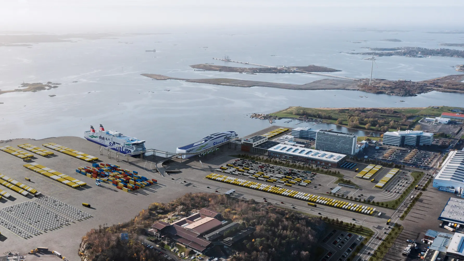 A view of a busy port with container ships and terminal infrastructure