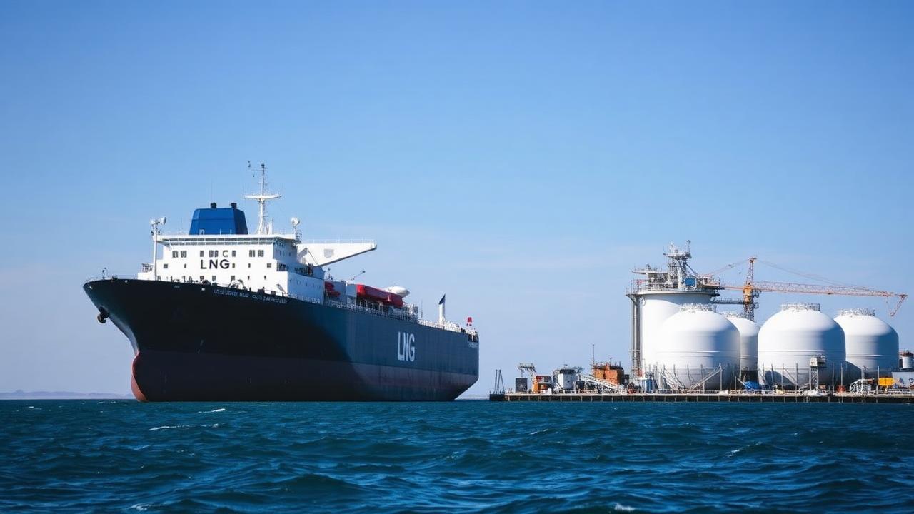 LNG carrier at a gas terminal at dusk