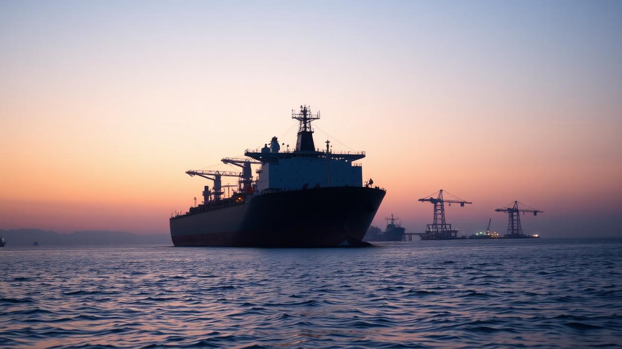 Tanker under way with cargo terminal in the background